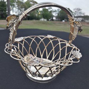 Metal Basket with Handle Silver Plated Godinger Grape Vine Bowl Home Decor VTG